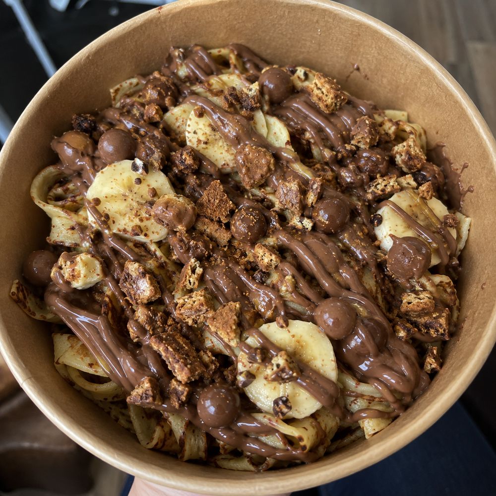 Box spaghettis de crêpes dessert64, nappage chocolat et banane